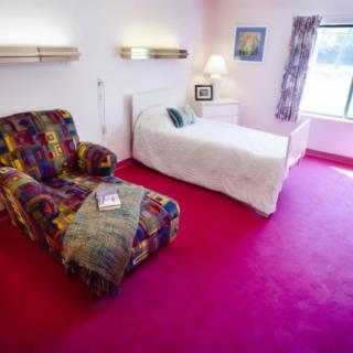A cozy bedroom with a vibrant pink carpet, featuring a single bed, a colorful armchair, and a window letting in natural light.