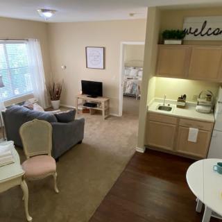 A cozy apartment with a living room, kitchenette, and bedroom in view.