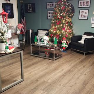 A cozy living room beautifully decorated for the Christmas season, featuring a vibrant Christmas tree and festive ornaments.