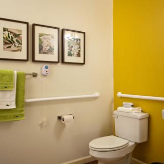 A well-decorated bathroom with a yellow accent wall, featuring wall art, a towel rack, and accessibility features.
