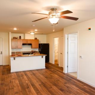 An open concept kitchen and living area featuring hardwood floors and a ceiling fan.