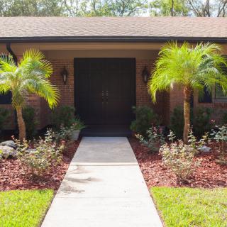 A welcoming house entrance with palm trees and a well-maintained garden pathway.