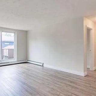 A bright, empty room with hardwood flooring and a large window.