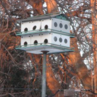 A multi-level birdhouse set against a backdrop of trees.