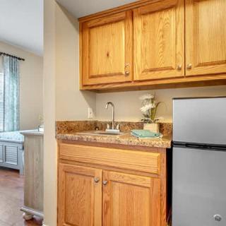 A compact kitchenette with wooden cabinets, a small refrigerator, and a sink.