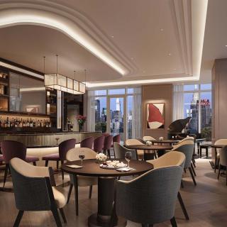 Luxurious restaurant interior with elegant seating and ambient lighting.