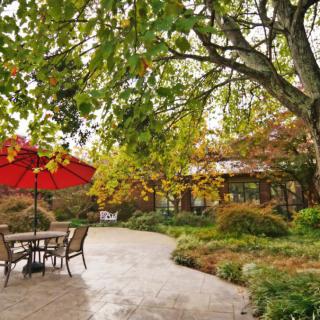 A serene garden patio with outdoor seating and a vibrant red umbrella amidst lush autumn foliage.