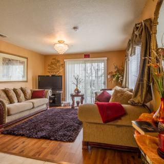 A cozy living room with comfortable sofas, a television, and decorative elements.