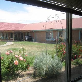 View of a courtyard garden through a window, featuring flowers and a surrounding building.