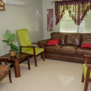 A cozy living room with a brown leather sofa, two green chairs, and a wooden coffee table set against a window with elegant curtains.