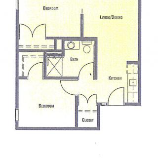 A simple floor plan depicting the layout of an apartment with labeled rooms including bedrooms, bathroom, and living/dining area.