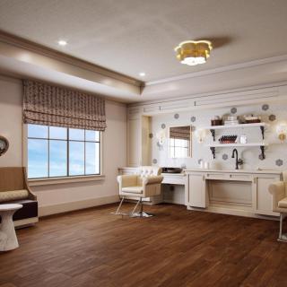 A modern office interior with stylish furniture and decor.
