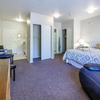 A spacious bedroom with a bed, closet, and furniture.