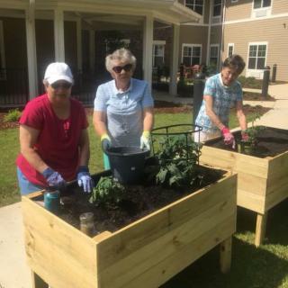 A group of people tending to plants in raised garden beds outside a building.