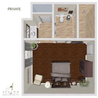 A detailed floor plan showcasing a bedroom with furniture and adjacent areas.