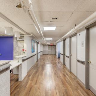 A well-lit hallway in a medical facility, featuring multiple doors and a reception area.