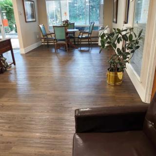 A cozy lobby area with wooden flooring, seating arrangements, and a potted plant by the window.