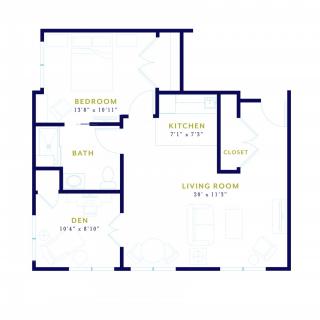A simple floor plan showing the layout of a compact apartment, including a bedroom, kitchen, living room, and bath.