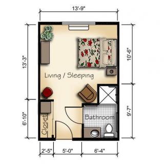 A compact floor plan of a studio apartment featuring a combined living and sleeping area, kitchen, and bathroom.