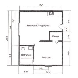 Floor plan illustrating the layout of a residential space with a bedroom/living room, closet, and bathroom.