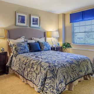 A cozy bedroom with patterned bedding and elegant decor.