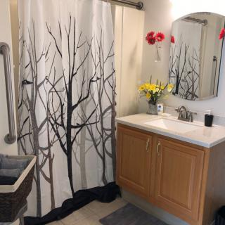A neatly organized bathroom with a tree-themed shower curtain and fresh flowers on the vanity.