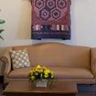A cozy living room setting with a sofa, decorative cushion, coffee table with flowers, and a tapestry on the wall.