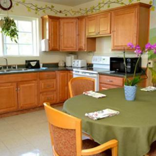 A cozy kitchen and dining area with wooden cabinets, a stove, and a round table adorned with a green tablecloth and an orchid plant.
