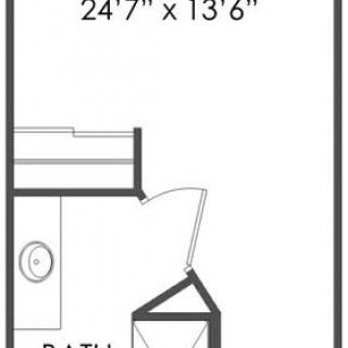 A floor plan sketch showing a room with dimensions and a bathroom layout.