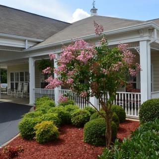 A well-maintained garden with a flowering tree in front of a building with a porch.