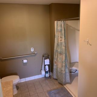 A bathroom with a toilet, shower area with a curtain, and safety grab bar.