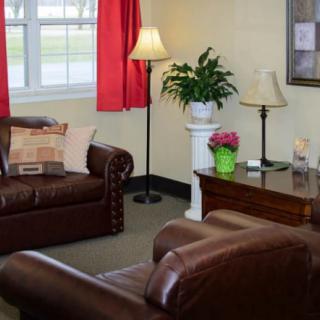 Cozy living room with leather chairs and houseplants.