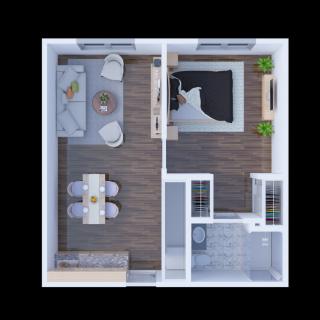A modern one-bedroom apartment floor plan with a living area, kitchen, bedroom, and bathroom.
