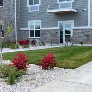 A beautifully landscaped garden with red shrubs and a green lawn in front of a house with a stone facade.