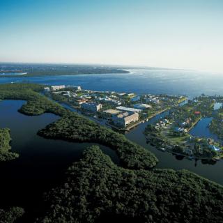 A stunning aerial view showcasing the harmonious blend of urban development and natural landscapes along the coastline.