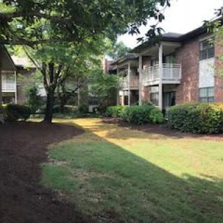A view of apartment buildings surrounded by trees and well-maintained landscaping.