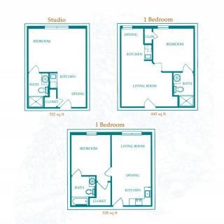 Floor plans for different apartment layouts: studio, 1-bedroom, and 1-bathroom.