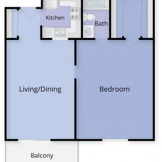 A one-bedroom apartment floor plan with living/dining area, kitchen, bathroom, and balcony.