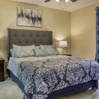 A cozy bedroom with a neatly made bed, featuring patterned bedding and a bedside lamp.