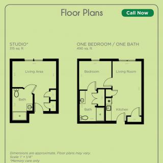 Floor plans for a studio and a one-bedroom apartment.
