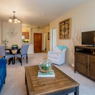 A cozy, modern living room featuring a coffee table, armchair, and dining area.