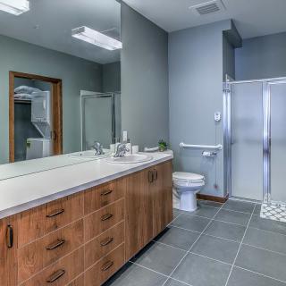 A modern bathroom featuring a wooden vanity with a large mirror, a toilet, and a spacious shower area.