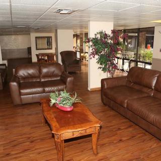 A cozy living room with leather sofas and a wooden coffee table.