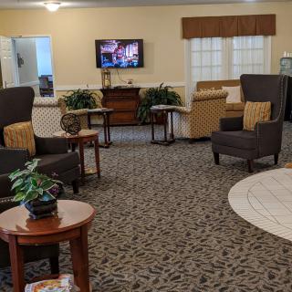A cozy living room setup with comfortable chairs, a television, and indoor plants.