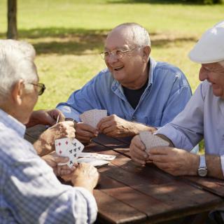 A group of seniors enjoying a card game outdoors in the park.