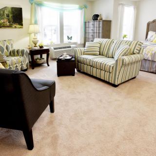A cozy living room with striped sofas, armchairs, and a soft carpet.