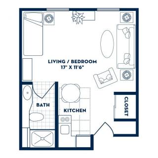 A floor plan of a studio apartment showing the layout with a combined living/bedroom, kitchen, bathroom, and closet.