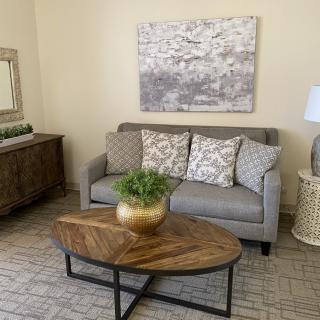 Cozy living room with a gray sofa and stylish wooden coffee table.