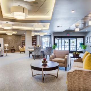 A modern and spacious lobby area with comfortable seating and stylish decor.