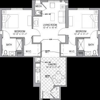 A floor plan of a two-bedroom apartment featuring two bathrooms, a living room, and a kitchen.